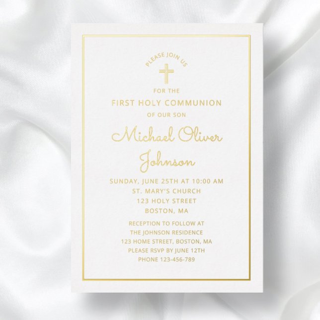 Invitation En Aluminium Élégant Gold Foil Script Blue First Communion (Elegant Gold Foil Script Blue First Communion Foil Invitation)