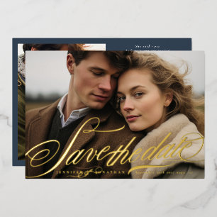 Invitation En Aluminium Elegant Gold Navy Blue Calligraphy QR Code Photo