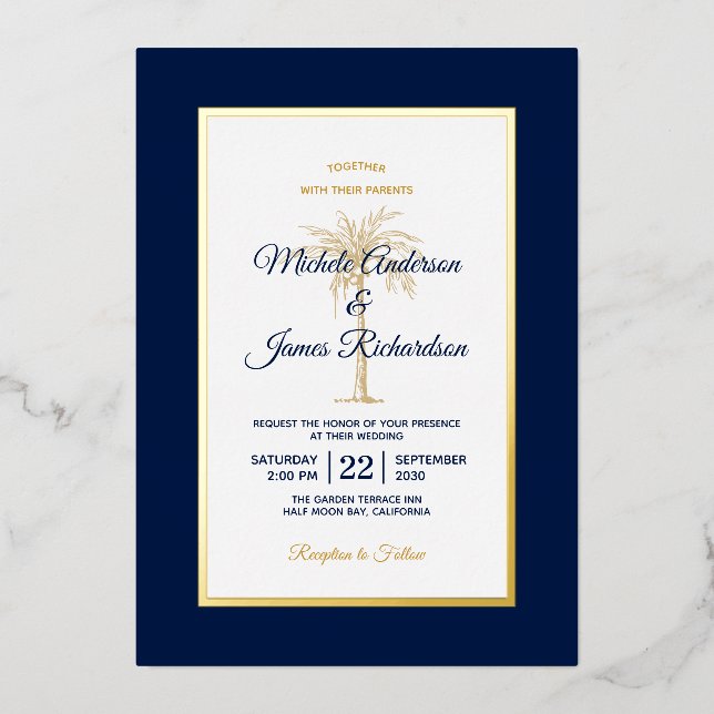 Invitation En Aluminium Elégant Gold Navy Blue Palm Tree Beach Mariage (Recto)