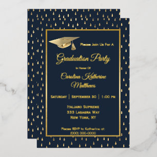 Invitation En Aluminium Elégant Gold Raindrops Navy Blue Graduation Party