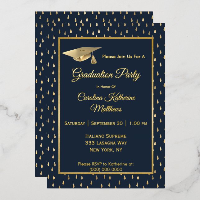 Invitation En Aluminium Elégant Gold Raindrops Navy Blue Graduation Party (Recto/Verso)