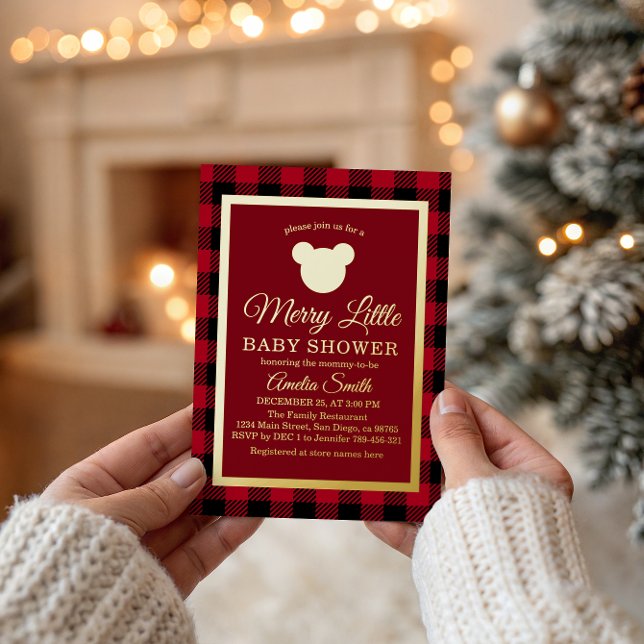 Invitation En Aluminium Elegant Gold Red Plaid Merry Little Baby Shower (Créateur téléchargé)