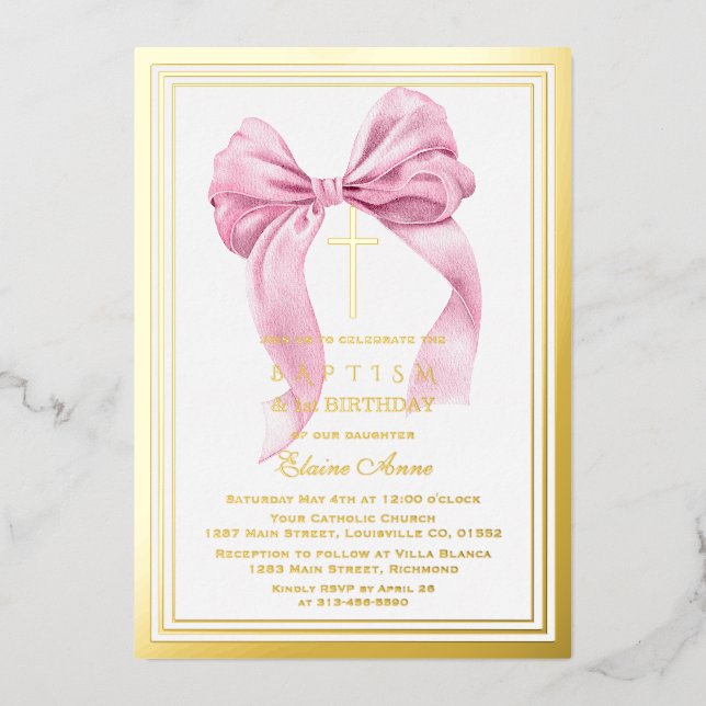 Invitation En Aluminium Élégant Gold Rose Bow Girl 1er Anniversaire Baptêm (Recto)
