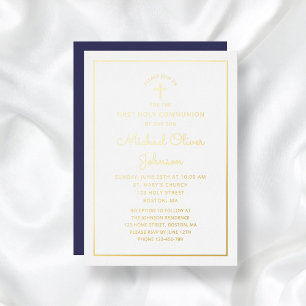 Invitation En Aluminium Élégant Gold Script Marine Blue First Communion