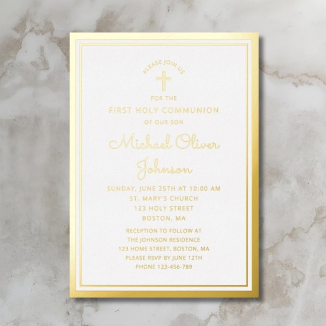 Invitation En Aluminium Élégant Gold Script Première communion (Elegant Gold Script First Communion Foil Invitation)