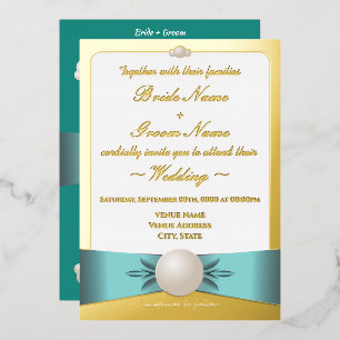 Invitation En Aluminium Elégant Gold & Turquoise Pearl Ribbon Mariage phot