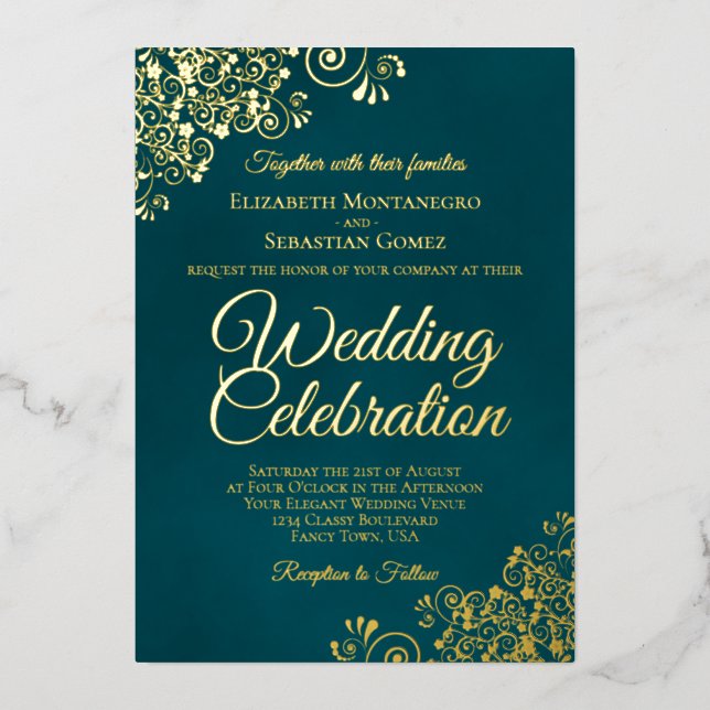Invitation En Aluminium Elegant Golden Curls & Swirls Dark Teal Wedding (Recto)