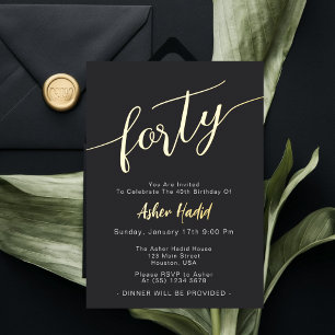 Invitation En Aluminium Élégant Golden Script Quarante fête de 40e anniver