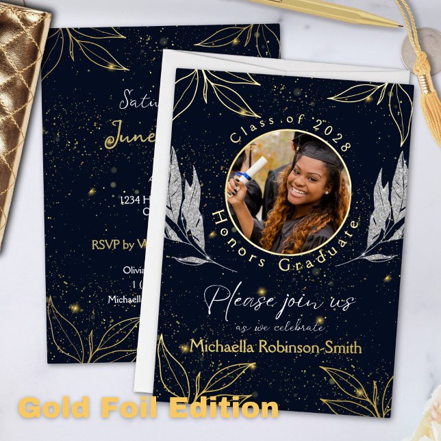 Invitation En Aluminium Élégant Graduation Party Marine Gold Foil Invitati (Créateur téléchargé)