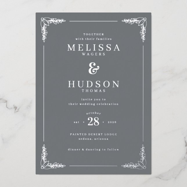 Invitation En Aluminium Elegant Gray Calligraphy With Floral (Recto)