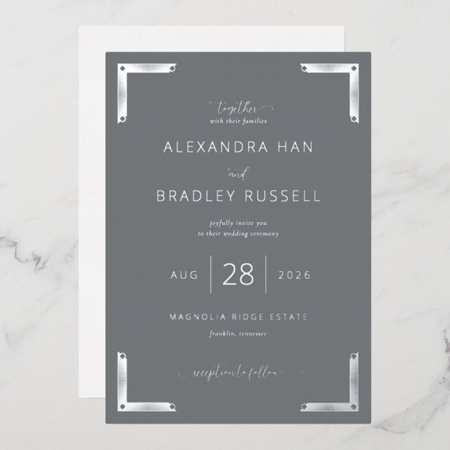 Invitation En Aluminium Elegant Gray Metallic Borders (Recto/Verso)