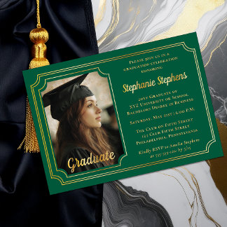 Invitation En Aluminium Elegant Green & Gold Photo Graduation Party 