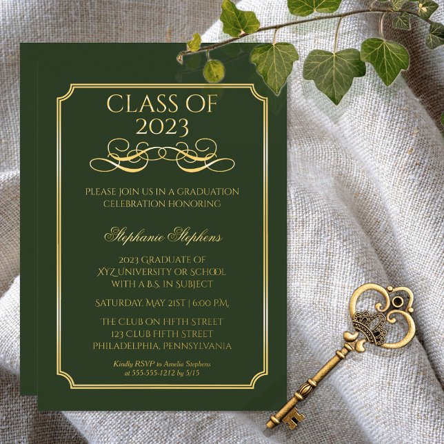 Invitation En Aluminium Élégant Green University Graduation Party Gold (Créateur téléchargé)