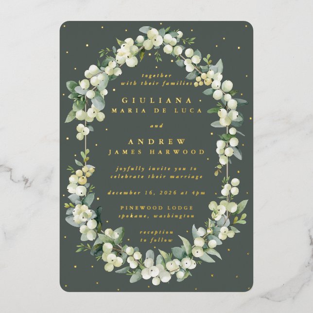 Invitation En Aluminium Elégant Gris Vert Snowberry+Eucalyptus Mariage (Recto)