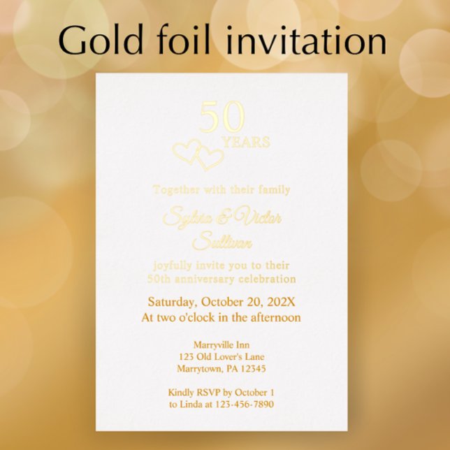 Invitation En Aluminium Elegant Heart 50th Wedding Anniversary Party Gold (Personalize this simple elegant gold foil heart 50th wedding anniversary party invitation template.
)