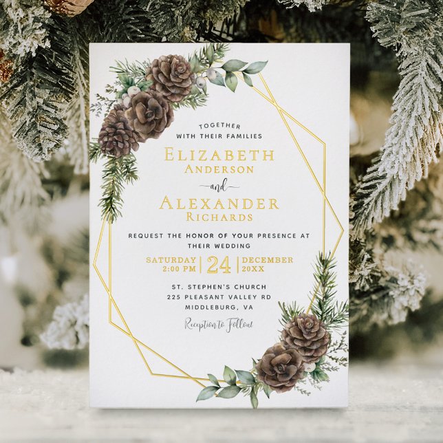 Invitation En Aluminium Elégant hiver À feuillage persistant Mariage or (Créateur téléchargé)