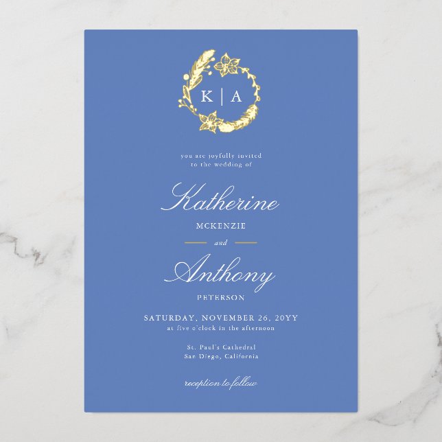 Invitation En Aluminium Élégant Hiver Blue Gold Crest Monogrammes Mariage (Recto)
