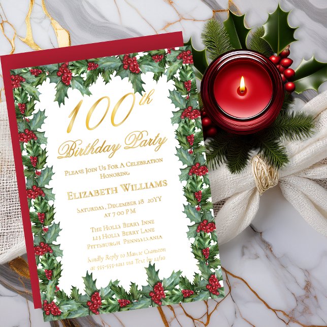 Invitation En Aluminium Elegant Holly | Berries Frame 100e fête d'annivers (Elegant Holly and Berries Frame 100th Birthday Party Real Gold Foil Invitations)
