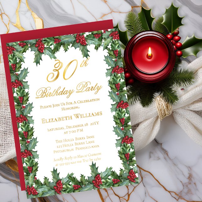 Invitation En Aluminium Elegant Holly | Berries Frame 30e fête d'anniversa (Elegant Holly and Berries Frame 30th Birthday Party Real Gold Foil Invitations)