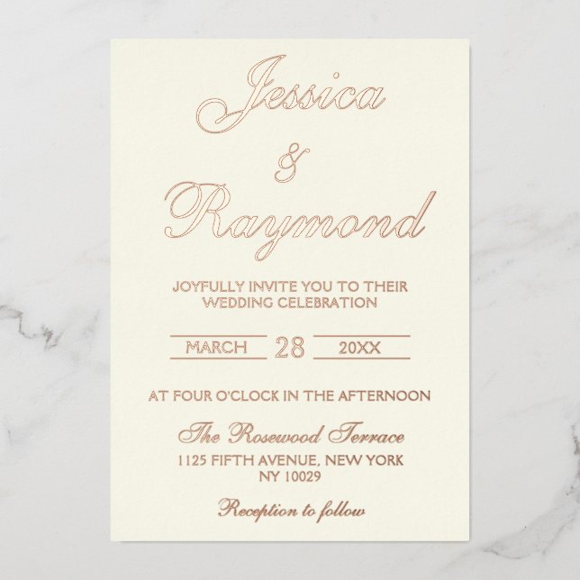 Invitation En Aluminium Élégant ivoire et Rose Mariage or (Recto)