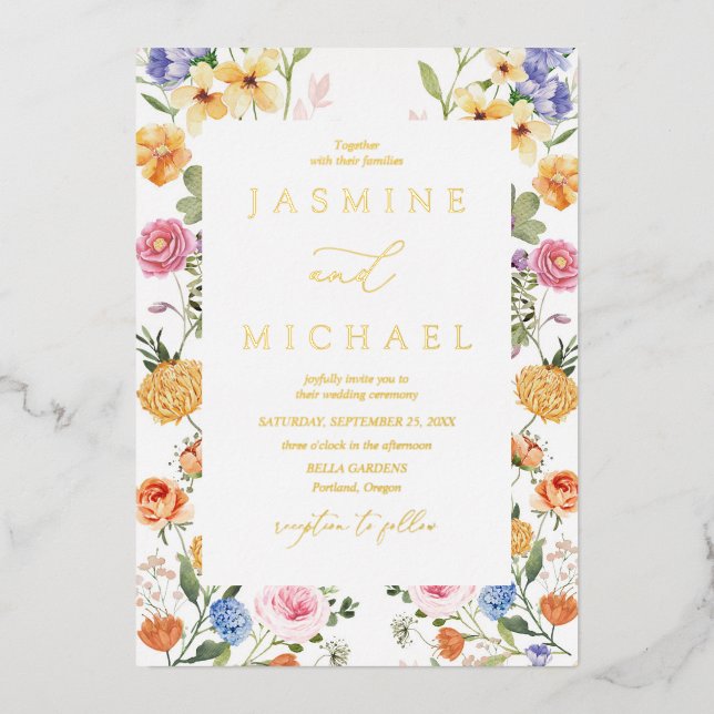 Invitation En Aluminium Elégant Jardin Fleurs Fleur sauvage Mariage Or (Recto)
