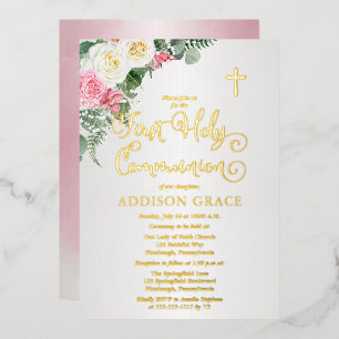 Invitation En Aluminium Elégant Jardin Rose - Fille Première Sainte Commun