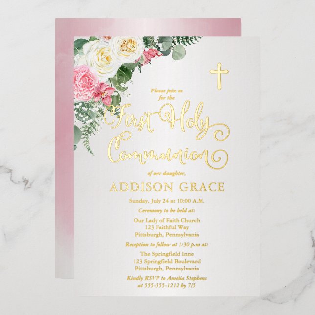 Invitation En Aluminium Elégant Jardin Rose - Fille Première Sainte Commun (Recto/Verso)