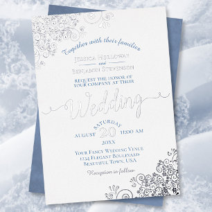 Invitation En Aluminium Élégant Lace Argent et Bleu Poussiéreux sur Fond B