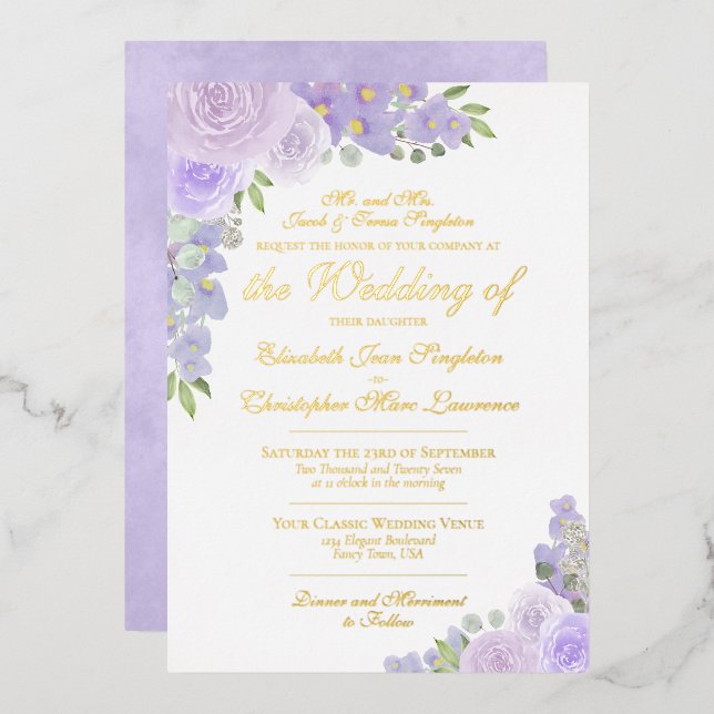 Invitation En Aluminium Élégant Lavande violet Floral Mariage officiel (Recto/Verso)