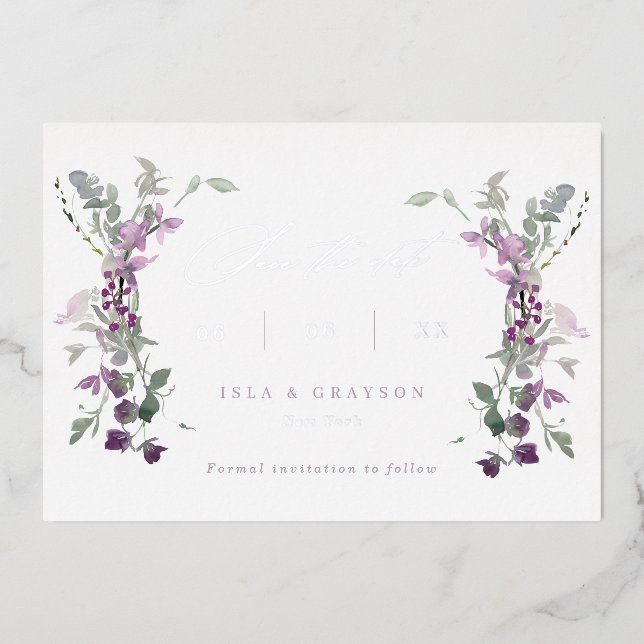Invitation En Aluminium Elégant Lilac Fleurs sauvages Mariage Enregistrer  (Recto)