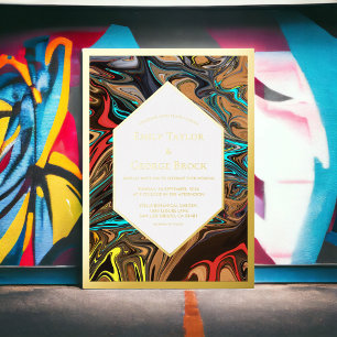 Invitation En Aluminium Élégant Luxueux Abstrait Coloré Art Mariage Or