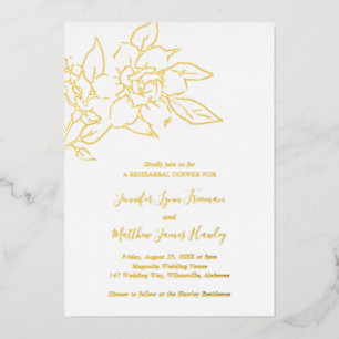 Invitation En Aluminium Élégant Magnolia Floral Rehearsal Diner Or