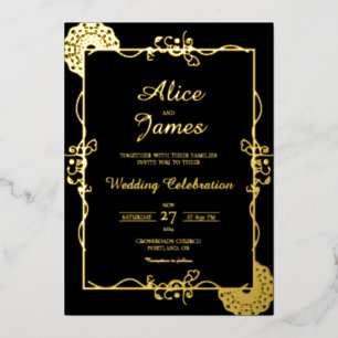 Invitation En Aluminium Élégant Mandala Indien Mariage Noir et Or Feuille