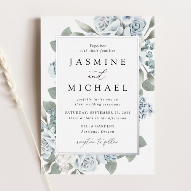 Invitation En Aluminium Elégant Mariage à cadre bleu bleu floral (Créateur téléchargé)