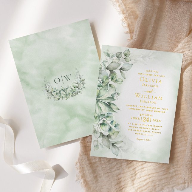 Invitation En Aluminium Elégant Mariage à huile or Eucalyptus Aquarelle (Créateur téléchargé)