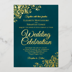 Invitation En Aluminium Élégant Mariage aux Boucles et Volutes Dorées sur 