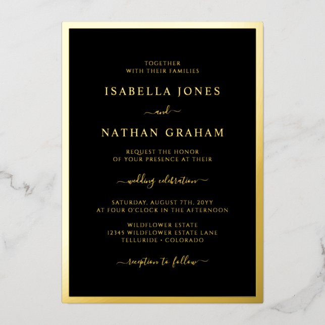 Invitation En Aluminium Élégant Mariage Black Gold (Recto)
