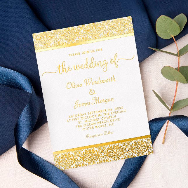 Invitation En Aluminium Elégant Mariage blanc à huile d'or Damask (Créateur téléchargé)