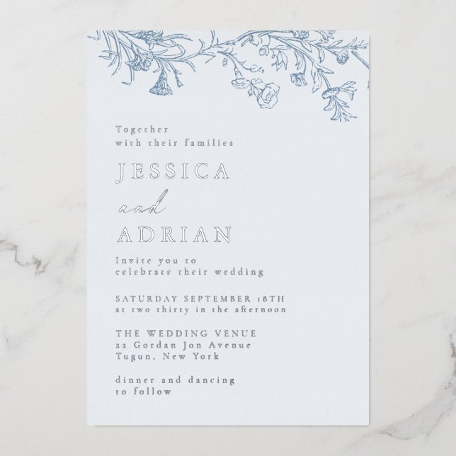 Invitation En Aluminium Elégant Mariage Bleu Victorien Argent (Recto)