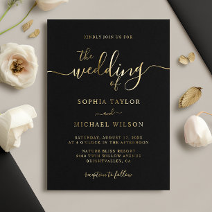 Invitation En Aluminium Élégant Mariage Calligraphie Moderne Noir & Or
