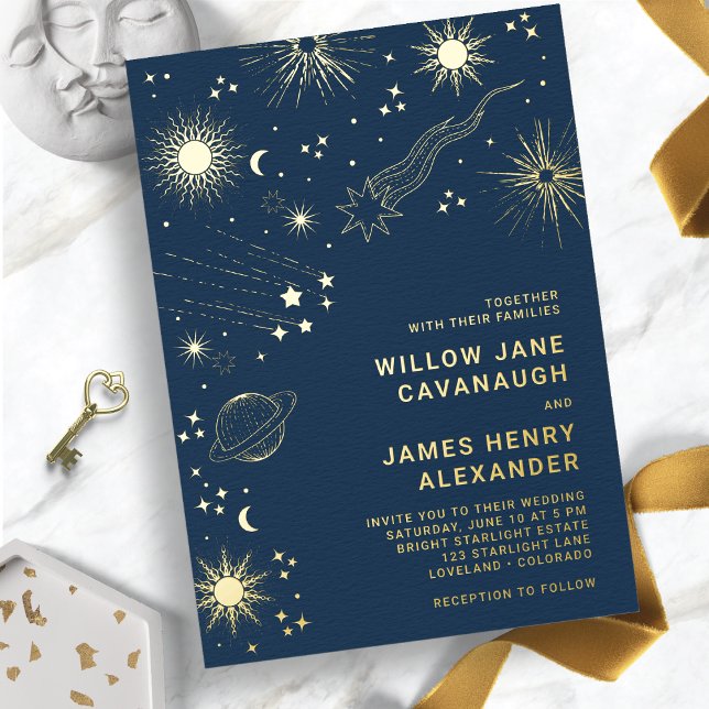 Invitation En Aluminium Élégant Mariage céleste (Navy Blue and Gold Elegant Celestial Wedding Foil Invitation
)
