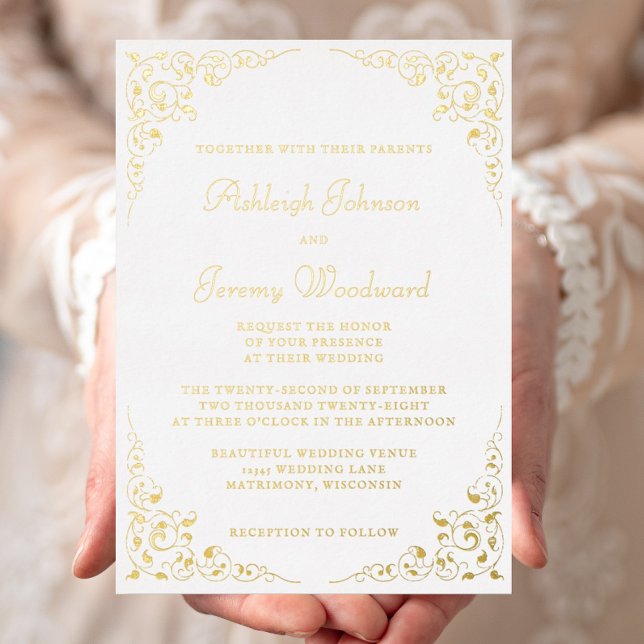 Invitation En Aluminium Élégant Mariage de cadre botanique de script or (Créateur téléchargé)