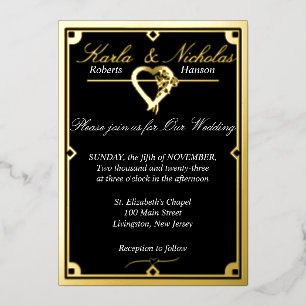 Invitation En Aluminium Élégant Mariage de coeur Art déco noir