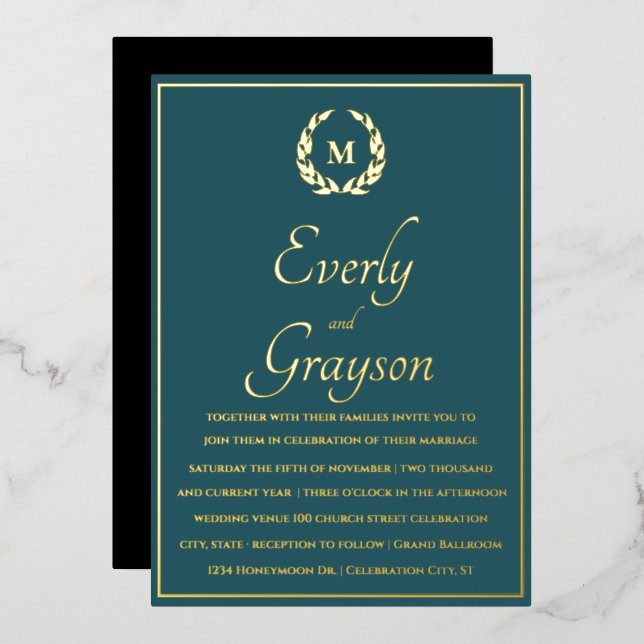 Invitation En Aluminium Élégant Mariage de  de couronne de laurier bleu Tu (Recto/Verso)