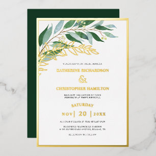 Invitation En Aluminium Élégant Mariage de feuille d'or verte de la forêt