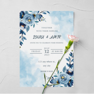 Invitation En Aluminium élégant mariage de fleurs bleu aquarelle