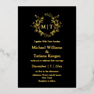 Invitation En Aluminium élégant mariage de monogramme botanique noir et or