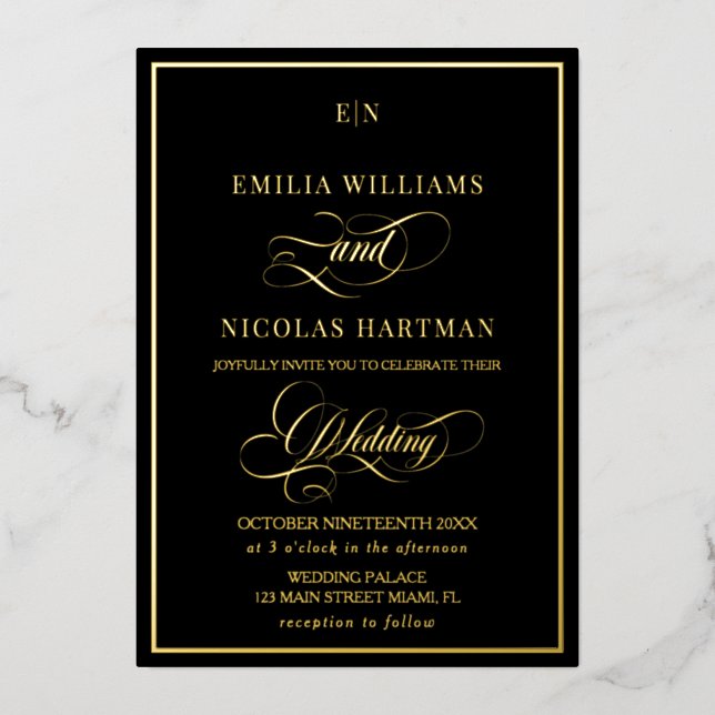 Invitation En Aluminium Élégant Mariage de monogramme noir et or (Recto)