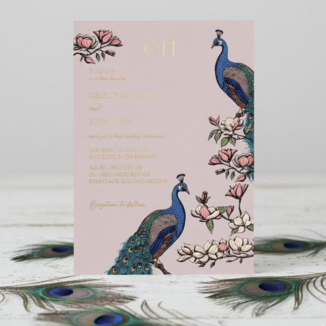 Invitation En Aluminium Élégant Mariage de paon flou (Elegant Blush Pink Wedding Invitations. Trendy Floral Blue Peacock, Teal Feathers, Magnolia Flowers)
