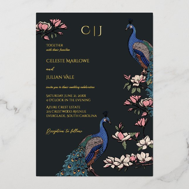 Invitation En Aluminium Élégant Mariage de paon noir floral (Recto)